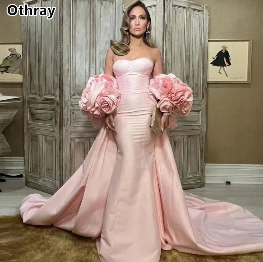 Othray Amazing Pink Evening Dresses Mermaid Sweetheart Neck 3D Rose Sleeves Overskirt Formal Wedding Gowns Vestidos De Novia