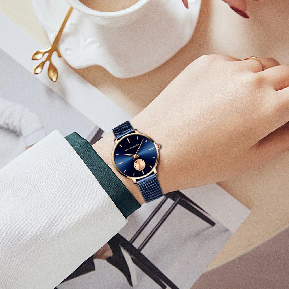 Reloj sencillo de moda para mujer, correa de malla de acero inoxidable azul, pequeño, carcasa de oro rosa de segunda mano, de cuarzo, resistente al