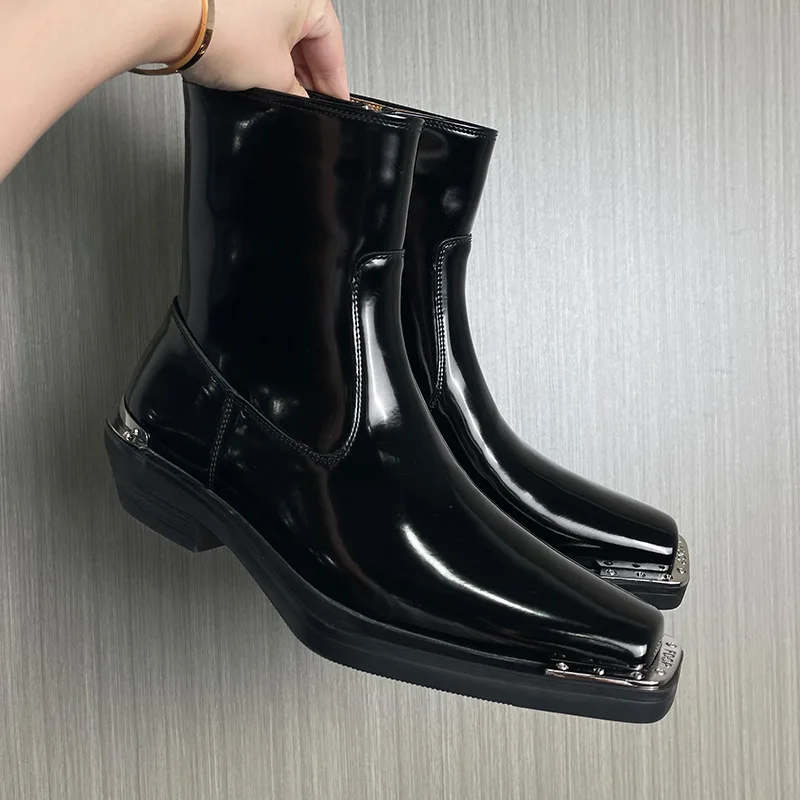 

mens fashion stage nightclub high chelsea boots black trendy patent leather shoes square toe cowboy boot long motorcycle botas