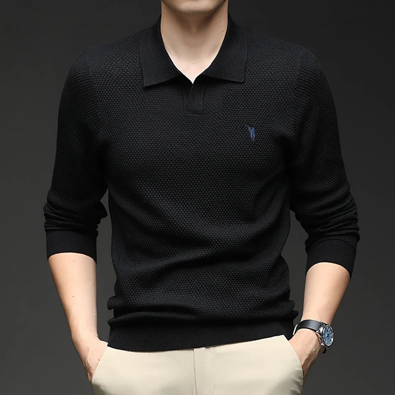 

Осенне-зимняя мужская модная рубашка поло с лацканами и ананасовым узором, повседневная деловая базовая рубашка, мужской свитер