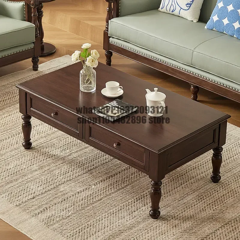 All-Solid Wood Coffee Table Living Room Storage Coffee Table Square Drawer Vintage Tea Table