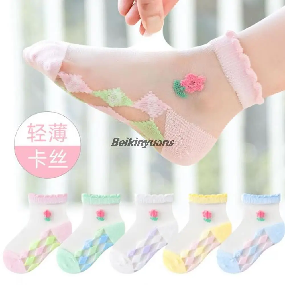 Summer Cas socks cartoon flower children socks 1-12 years old children socks glass silk girls boat socks