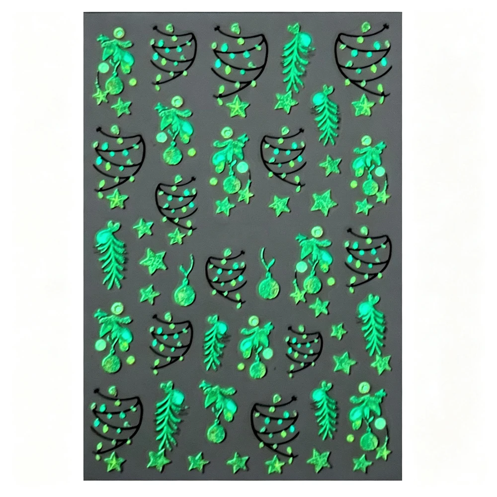 1 Stück 3D Leuchtende Bunte Weihnachts-Nagelaufkleber Grüner Tannenzweig/Roter Christbaumkugel-Stern Nagelsticker Selbstklebende Feiertags-Nageldekoration – Detail 7