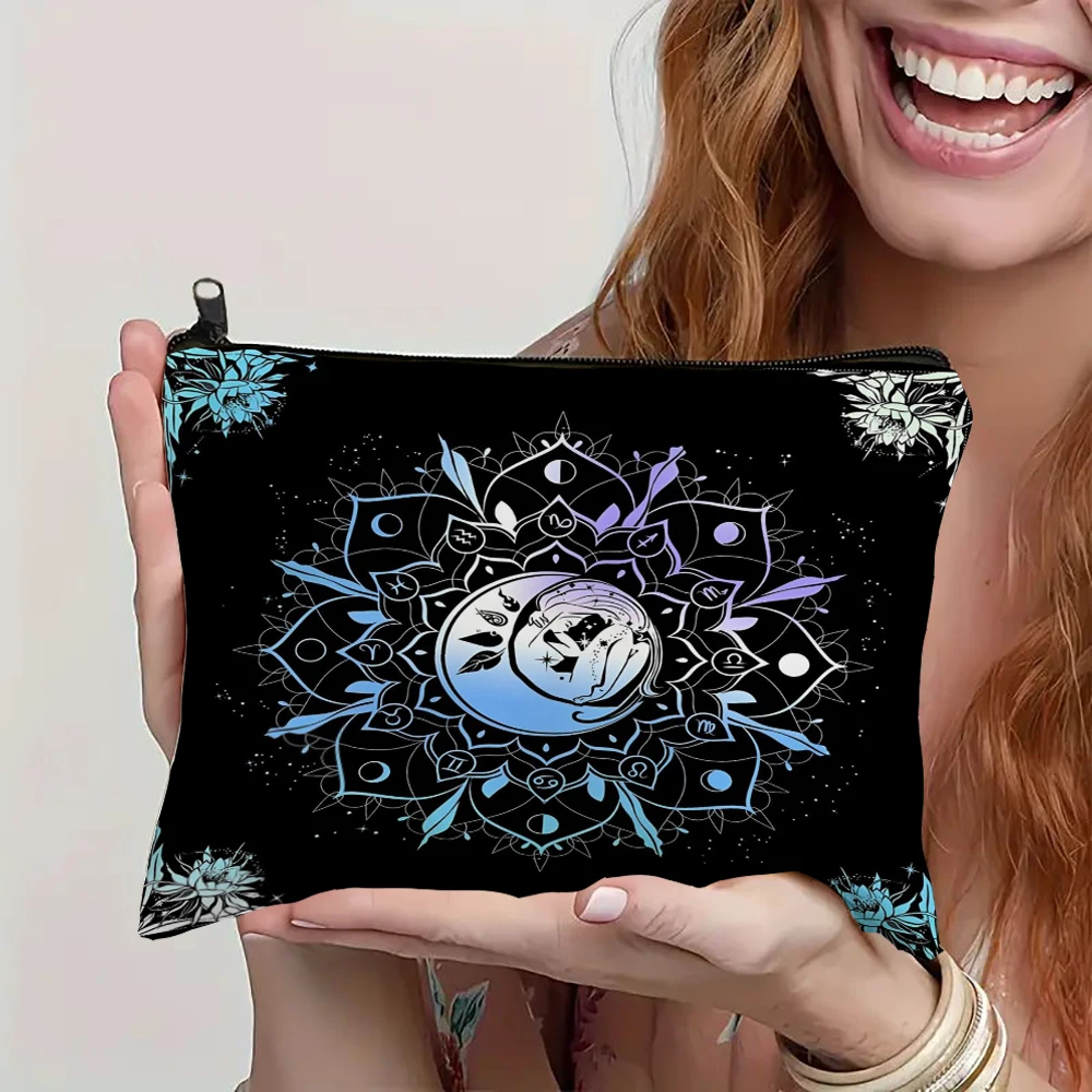 1PC Moon Phase Sun Starry Sky Flowers Witchcraft Print Large Makeup Bag Stylish Cute Toiletry Organizer Handbag for Women Girls