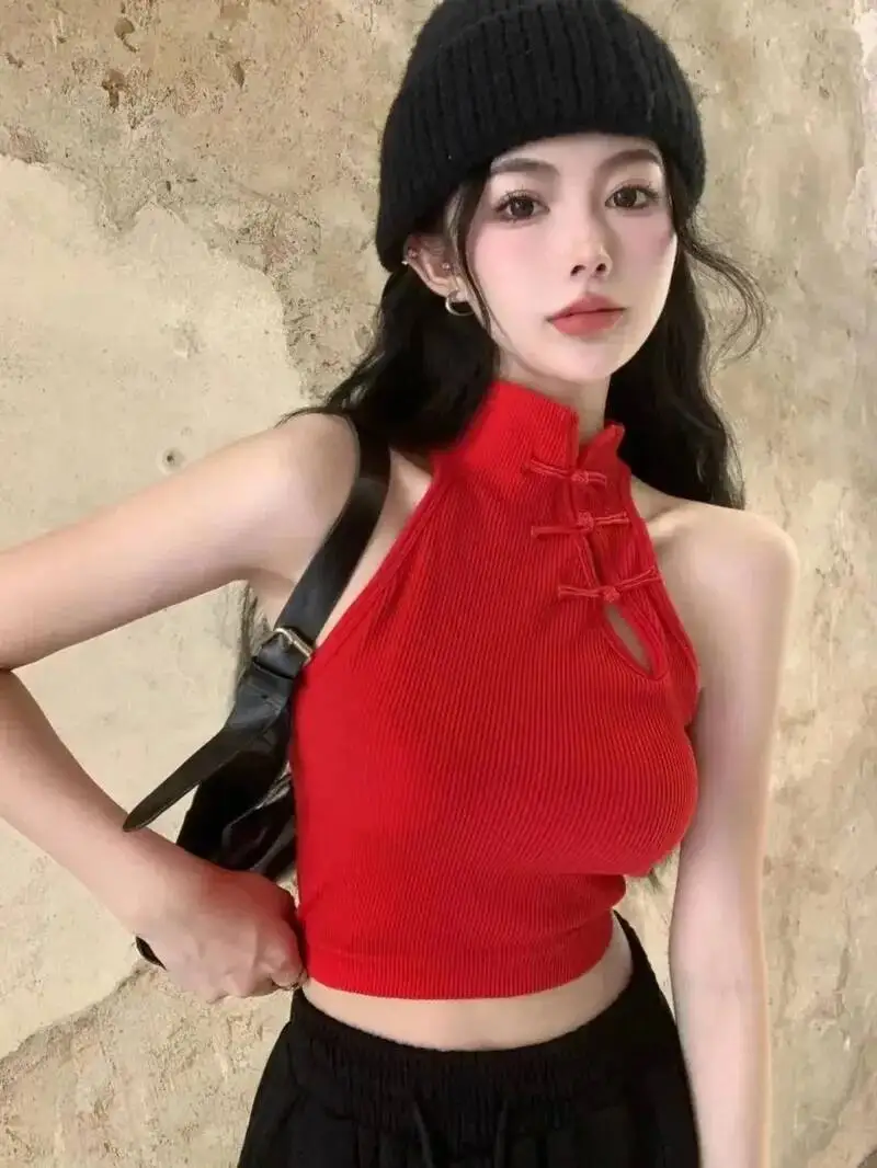 Vintage Chinese Button Tank Tops With Bra Pad Halter Tops O-Neck Elegant Crop Tops Retro Button Cheongsam Style For Women NQ7W