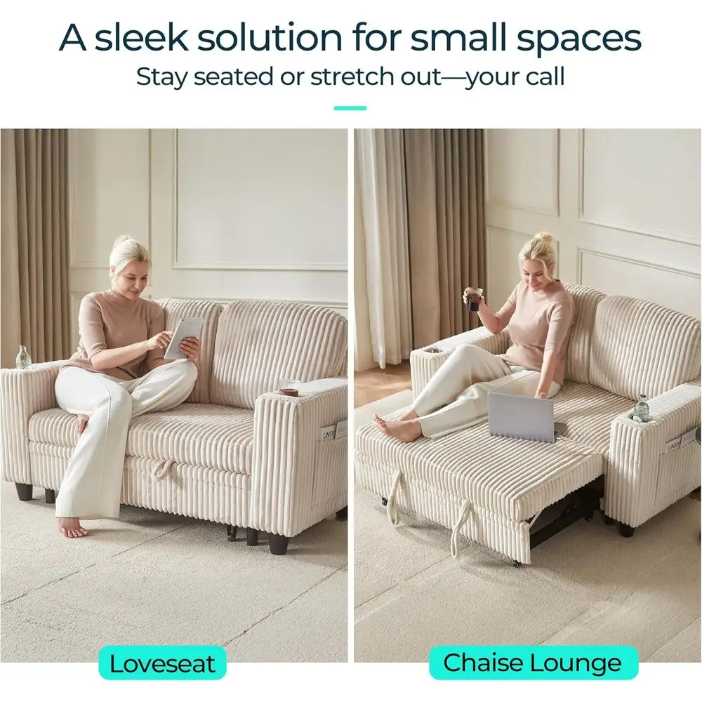 أريكة بمقعدين قابلة للتحويل 2 في 1 مع كرسي قابل للسحب وحاملات USB وأكواب، سروال قصير من القطيفة، بيج للمساحات الصغيرة