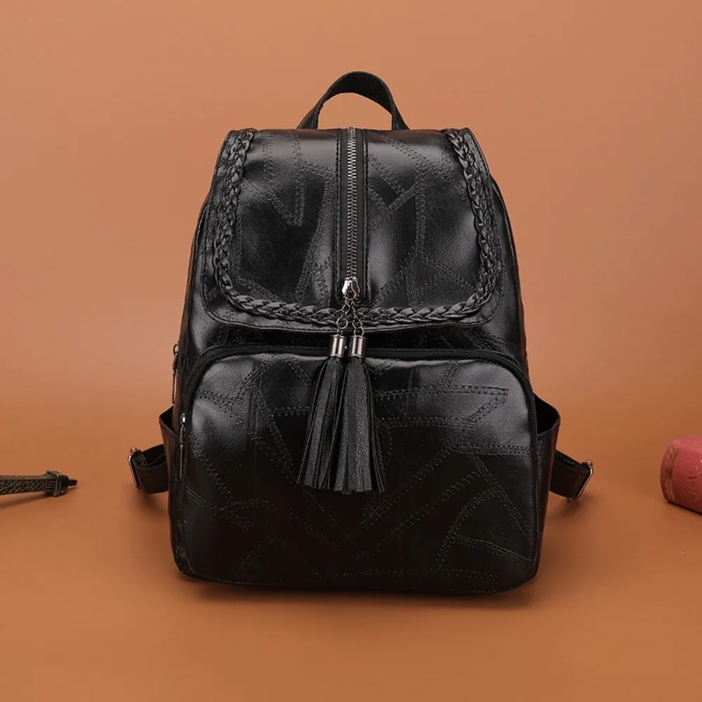 Cute Solid Color PU Leather Backpack Black Korean Style Tasse Shoulder Bag Handbag Soft Students School Bag Lady