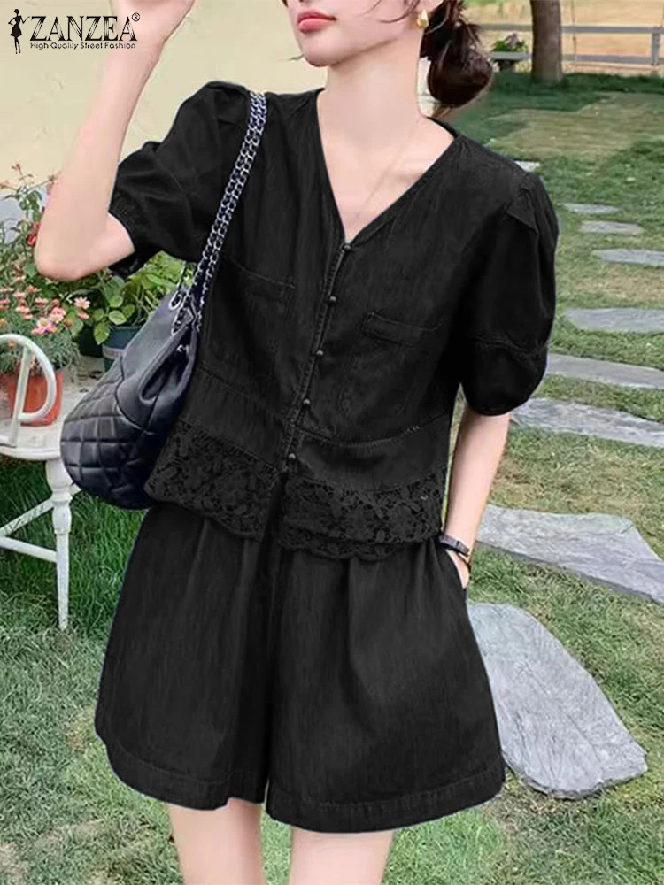 

Women Short Sets Retro Puff Short Sleeve Tops Denim Pants Outfits Elegant Office lady Suits 2025 ZANZEA Casual Matching Sets