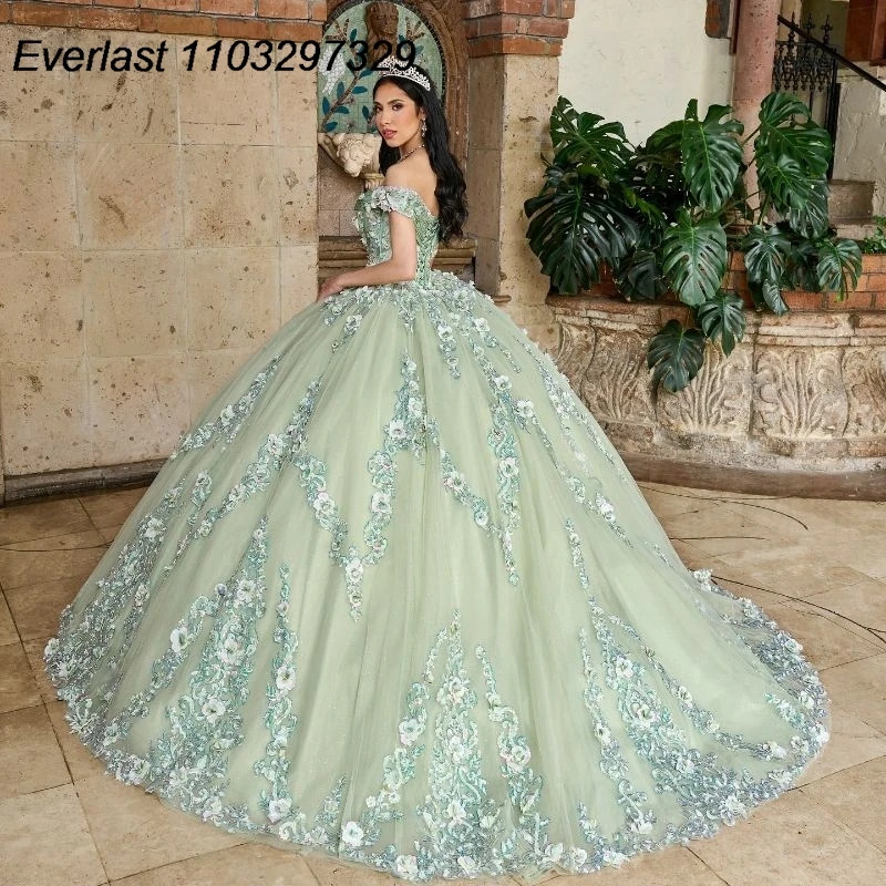 EVLAST Customized Sage Quinceanera Dress Ball Gown Floral Applique Beading Off Shoulder Sweet 16 Vestido De 15 Anos TQD961