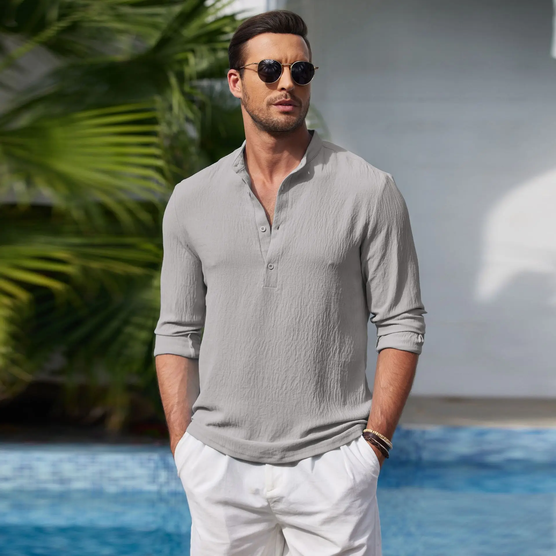 

2025 New Men's Shirt Spring and Autumn High Elastic Wrinkle Collar Long Sleeve Solid Color Business Shirt Top Men's Wear