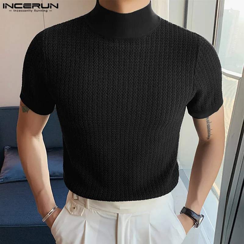 2023 Men T Shirt Solid Color Turtleneck Short Sleeve Men Clothing Fitness Streetwear Korean Style Casual Tee Tops S-5XL INCERUN