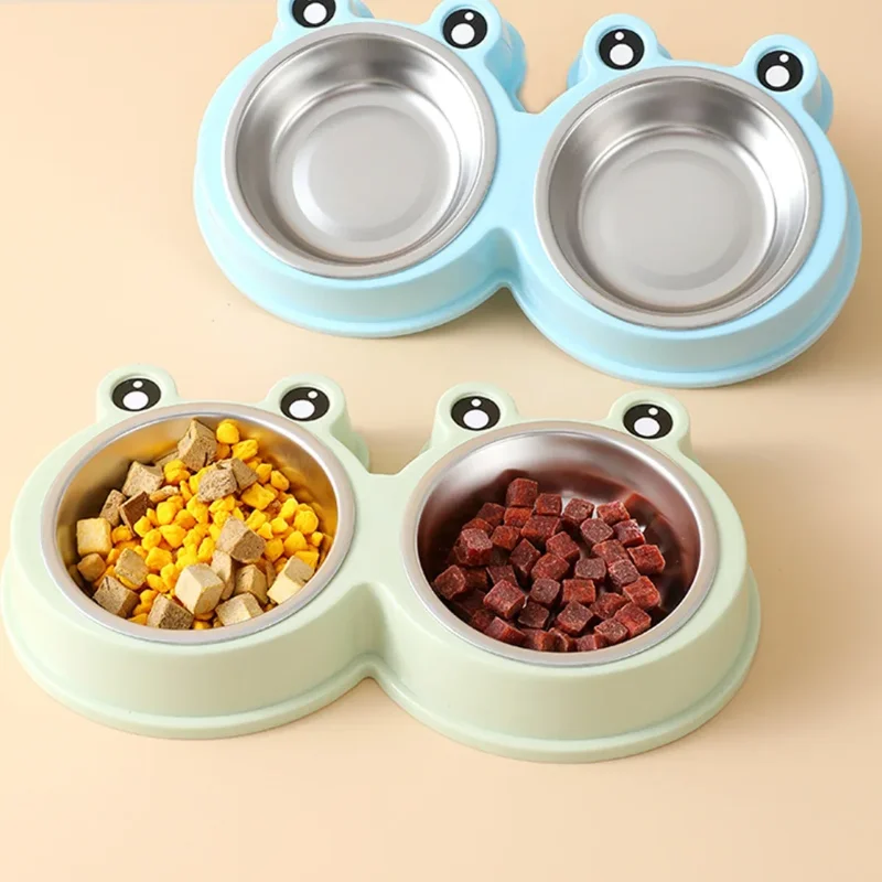 Pet Frog Double Bowls Cat Dog Eating Drinking Integrated Plastic Stainless Steel Bowl Tableware Supplies comedero doble gato