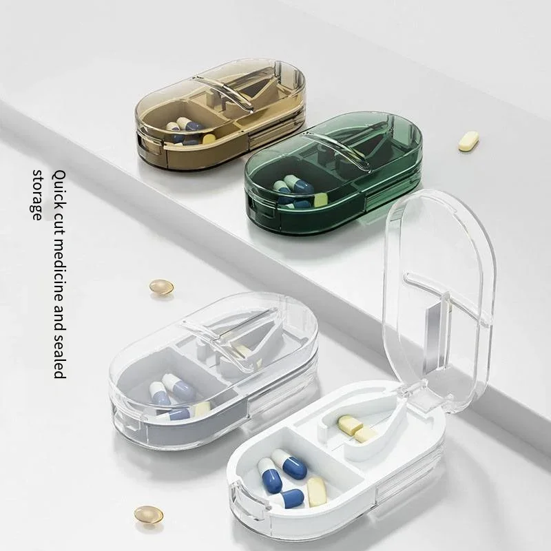 Pill Cutter With Invisible Storage Box Portable 2 In 1 Mini Drug Tablet Medicine Dustproof Divider Organizer Crusher Pill Box