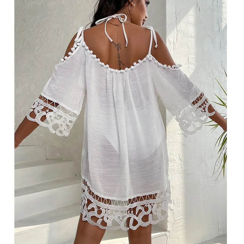 Sexy White Hollow Out Edge Bikini Cover Up Beach Dress Women 2024 Summer Short Backless String Dresses Beach Wear Cover-up