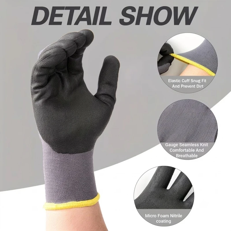 Safety Work Gloves Nitrile Coated 15Gauge Seamless Knit Gloves with Polyurethane Dipped for Men Warehouse Construction Gardening