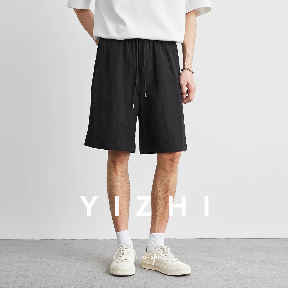 Men Retro Thin Tencel Shorts Summer New Loose Fashion Solid Color Wide Leg Shorts Outdoor Leisure Beach Pocket Drawstring Pants