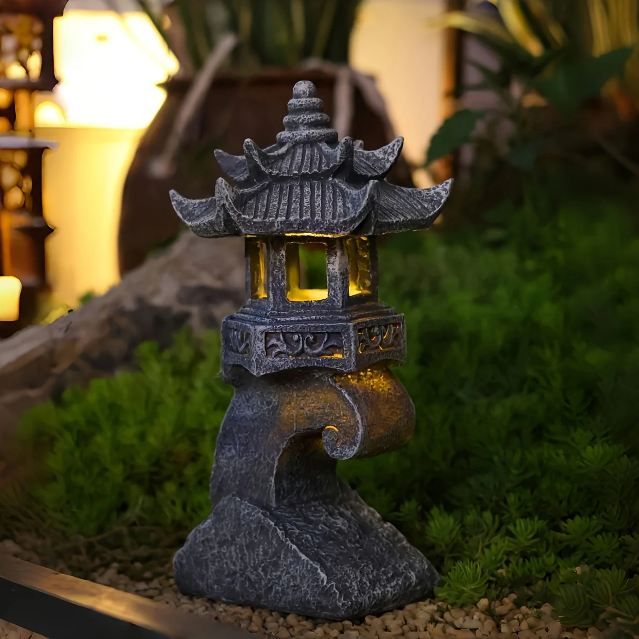 Outdoor Garden Solar Statue Light, Solar Pagoda Lantern Garden Statue, Solar Outdoor Zen Inspired Imitation Stone Palace Lantern Ornament, Zen Pagoda Lantern Garden Outdoor Statue, Decoration for Courtyard Landscape