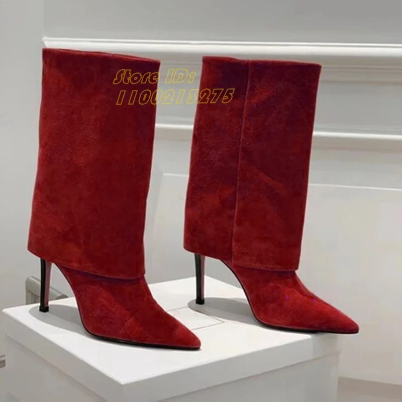 Suede Red Turn Over Mid Calf Boots Stiletto Thin High Heel Sexy Pointy Toe Solid Slip On Runway 2026 Winter Autumn Women Shoes