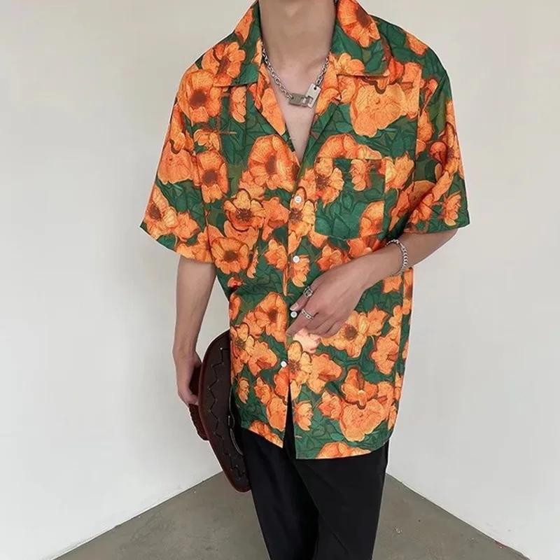 Men Short Sleeve Shirts Loose Vintage Harajuku Beach Floral Printed Streetwear Males Tops Casual Korean Stylish All-match Trendy