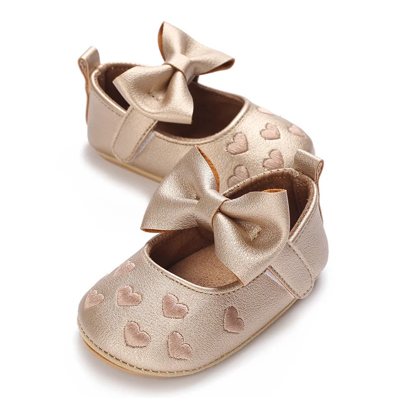 Baby Shoes Party Princess Heart Jacquard Bowknot PU Non-Slip Slippers Adorable Newborn Girls First Walkers