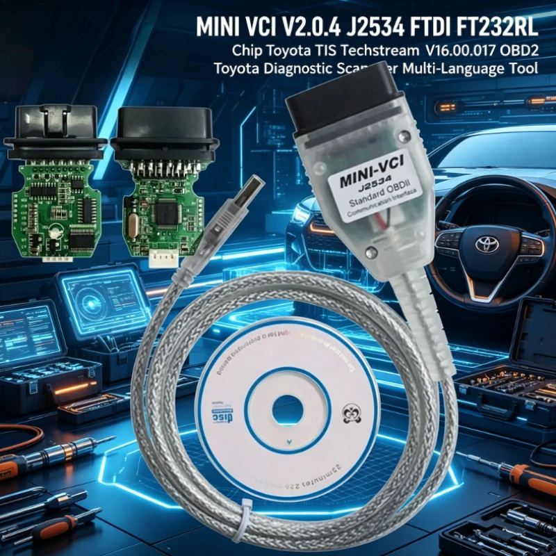 MINI VCI V2.0.4 J2534 FTDI FT232RL Chip Toyota TIS Techstream V16.00.017 OBD2 Diagnose-Scanner Mehrsprachiges Werkzeug