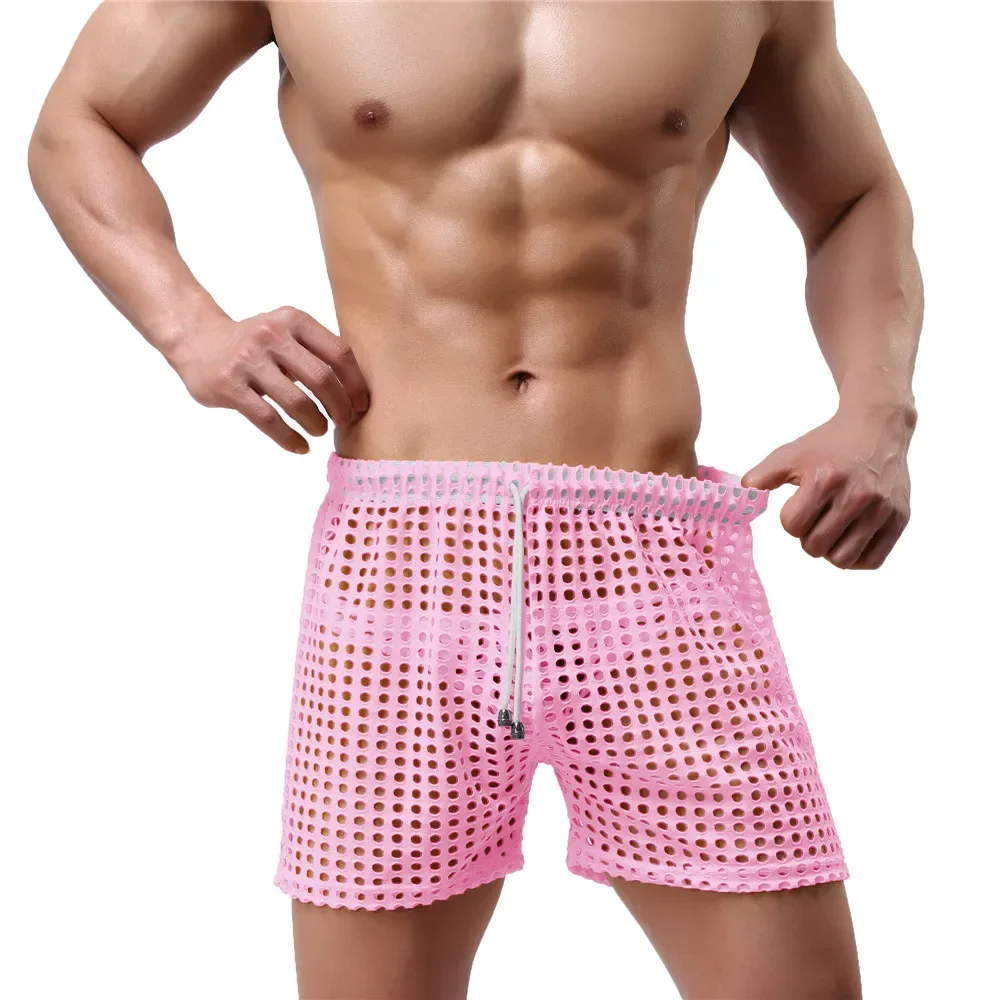 Sexy Mens Causal Shorts Big Mesh Breathable Gym Shorts Fishnet Boxers Transparent Loose Sleep Bottoms Men Hollow Out Swim Trunks