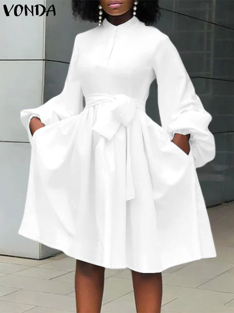 Plus Size 5XL VONDA Women Knee-Length Dress 2024 ELegant Long Sleeve Sundress Casual High Stand Collar Vestidos Solid Color Robe