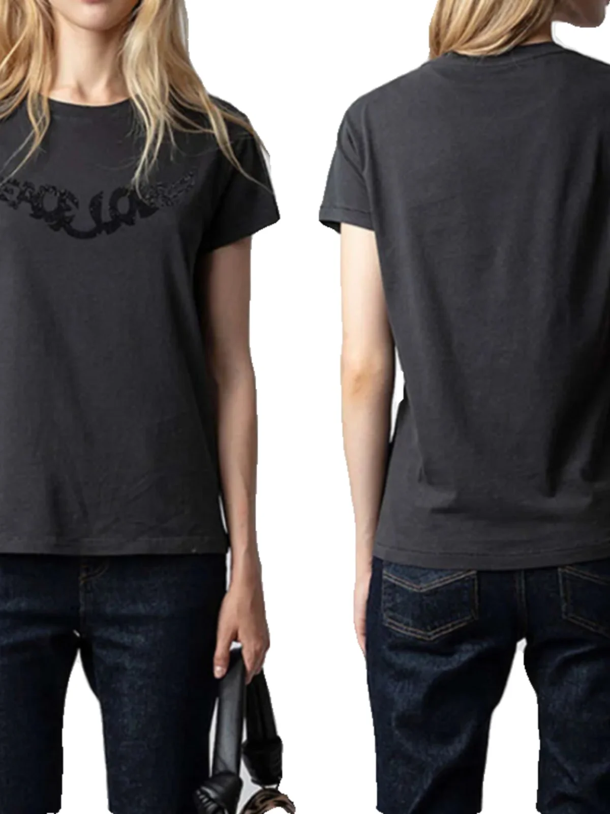 Nowy Krój Damski Dopasowany T-shirt z Ozdobnymi Cyrkoniami, Czysta Bawełna, Prosty i Uniwersalny Styl Uliczny...