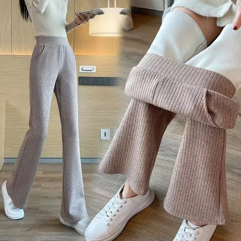 

Winter Velvet Keep Warm Women Flared Sweatpants Joggers Corduroy Thick Pants Trousers Long Straight Regular Fit Elastic T195