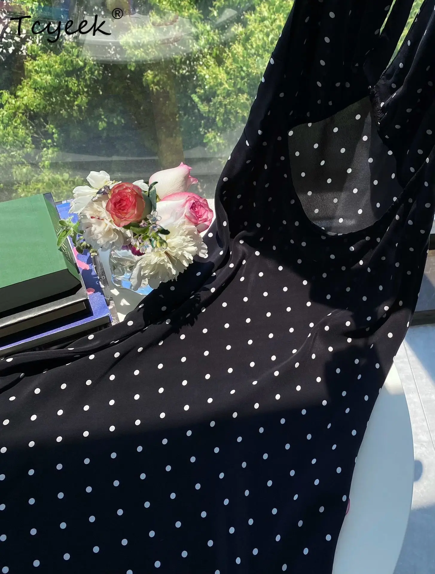 Tcyeek, 17MM 100% 진짜 실크 우아한 드레스, 여성 홀터 꽃 프린트, 휴가 패션 섹시한 드레스, 2025 여름 가을 D46812QM