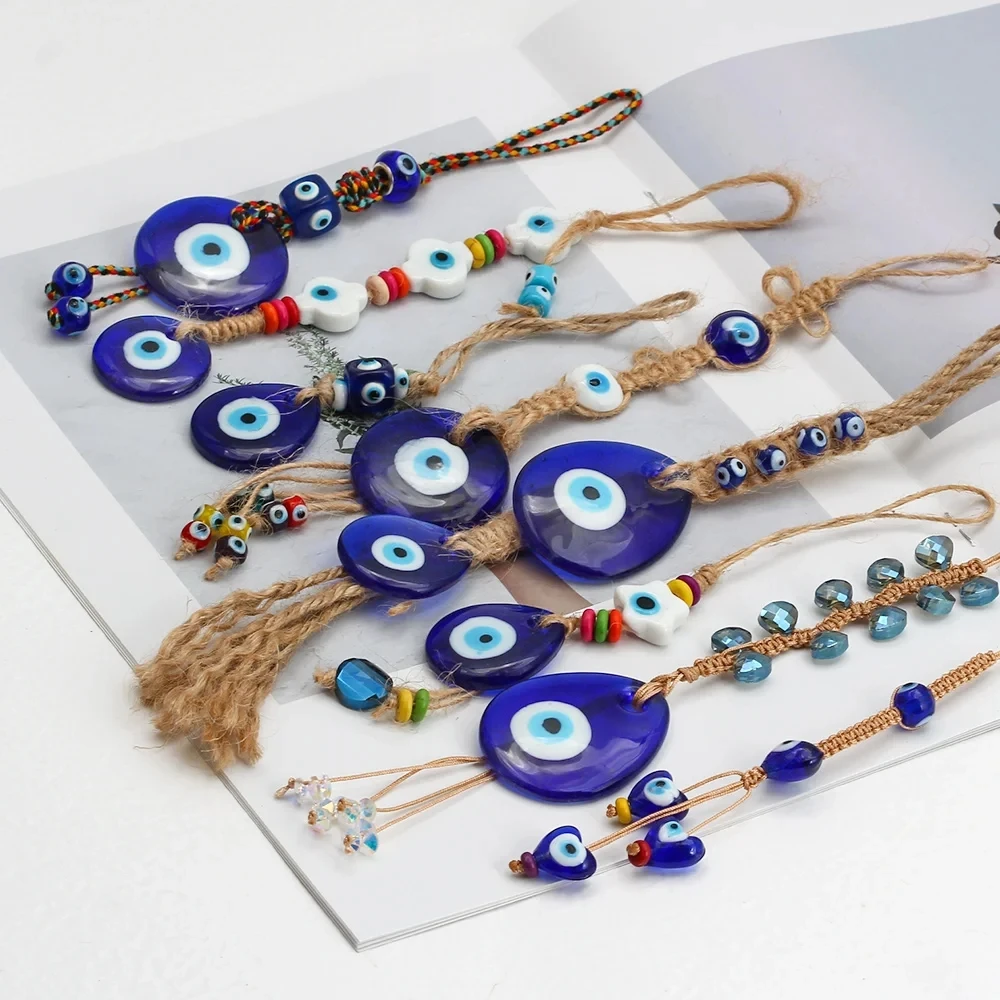 Lucky Eye Braided Rope Cross Heart Tassel Wall Hanging Handmade Blue Turkish Evil Eye Pendant Keyring for Home Living Room Car