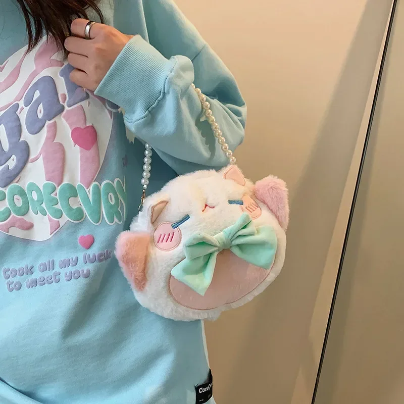 Women Cute cat plush pearl shoulder bag girl ins fur cartoon doll handbag messenger phone bag birthday gift