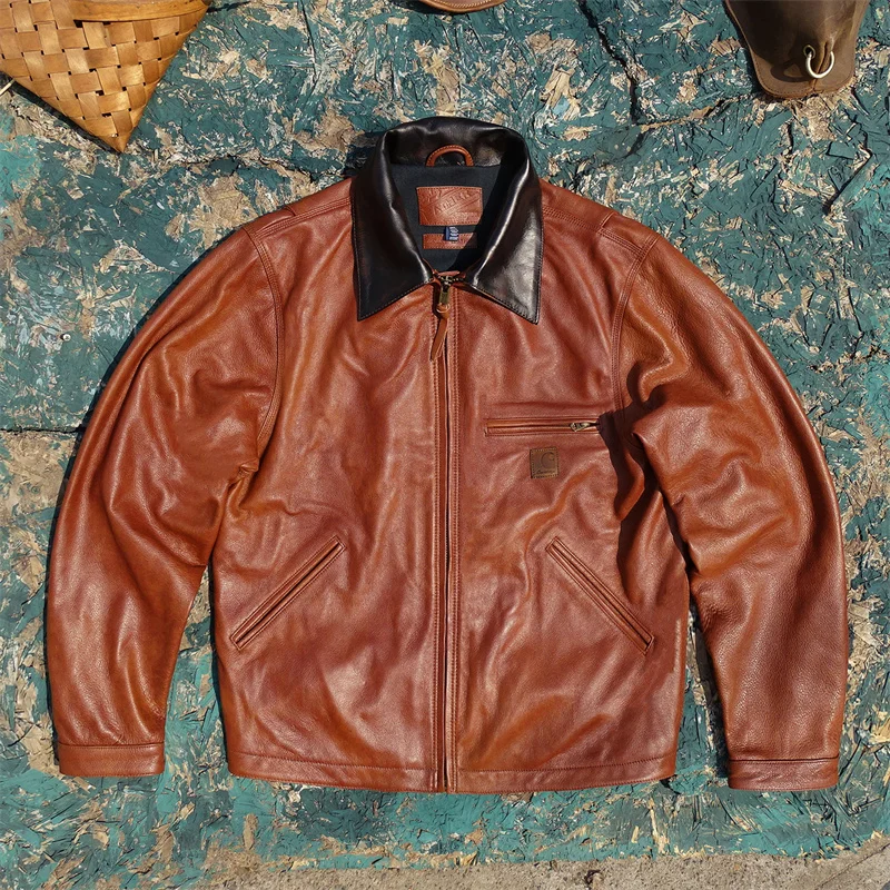 

Detroit New Sle! Men's Faion Urban ort Leather Jaet Real Cowhide Leather Jaet Flip Collar Workwear Jaet