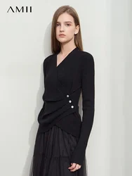 Amii Minimalist Solid V-neck Pleated Knitted Sweater Autumn New Women's Shell Buckle Pullovers Commuter Long Sleeve Top 12511083