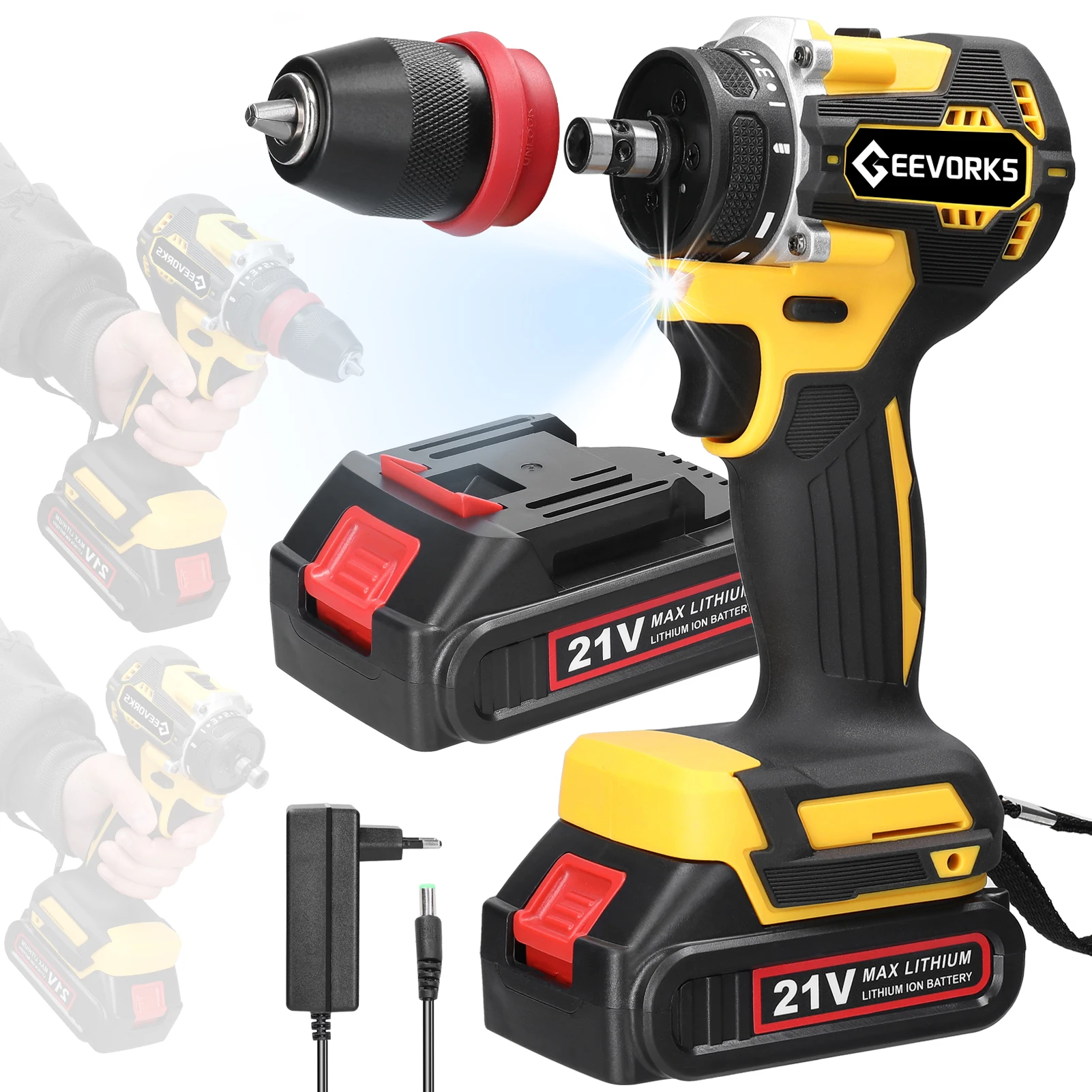 Geevorks 21V 2in1 Lithium Drill Electric Screwdriver Multifunction Power Tool High Torque Brushless Motor Practical Screw Driver