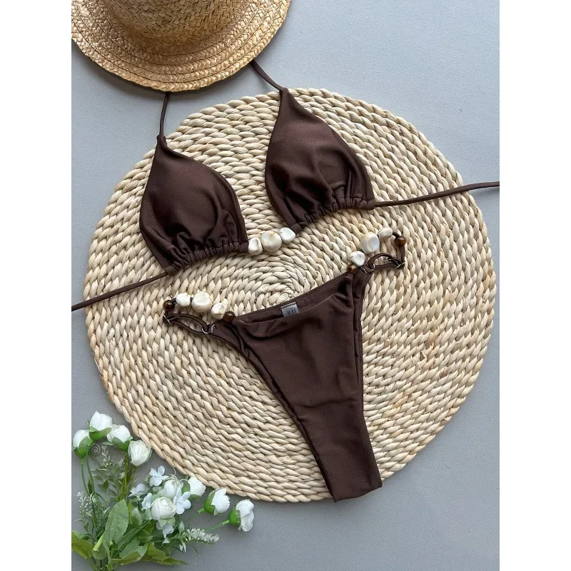 

New 2025 Women's Micro Bikini Set Beads Decor Belt Swimsuit Sexy Halter-neck Backless Swimwear Drawstring Bathing Suit Beachwear
