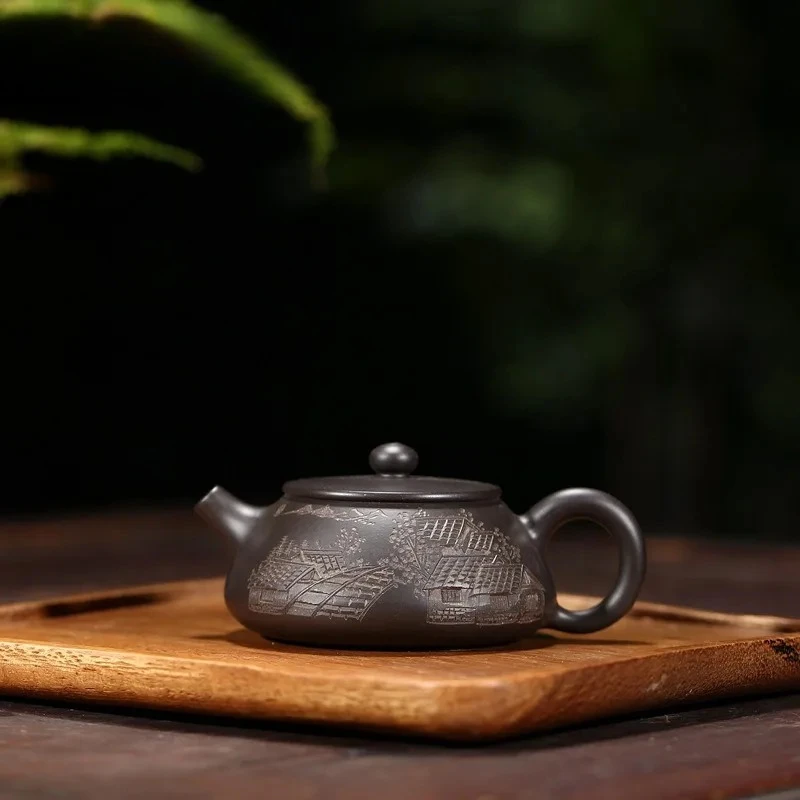 

130 мл Изысканные фиолетовые глиняные чайники Исин, камень ручной работы, совок, горшок из необработанной руды, черная грязь, чайный сервиз Zisha, украшение посуды