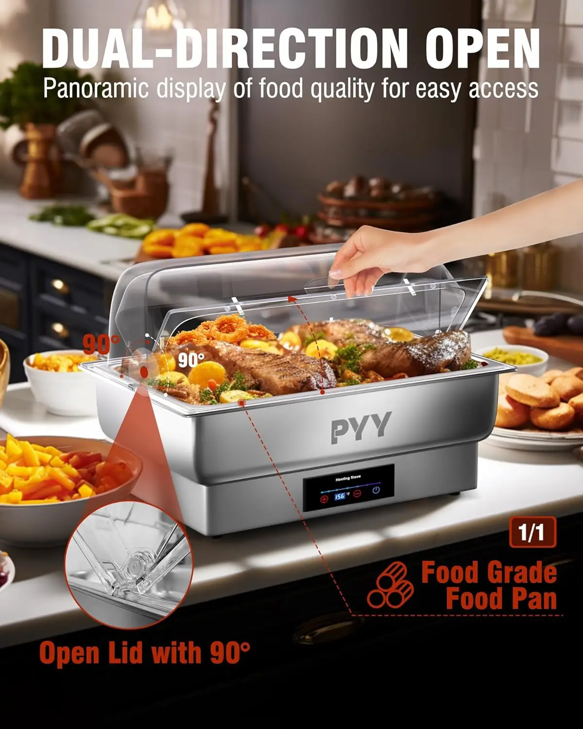 PYY-prato elétrico de tamanho completo, chafer de aço inoxidável, controle de temperatura, buffet definido para buffet