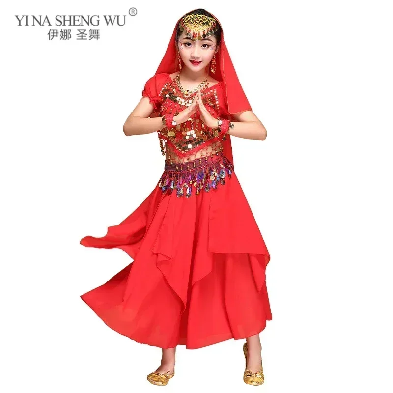 Childrens Belly Dance Costume Girls Indian Performance Outfit Bollywood Practice Clothes Set For Kids Party Celebration Hallowee
