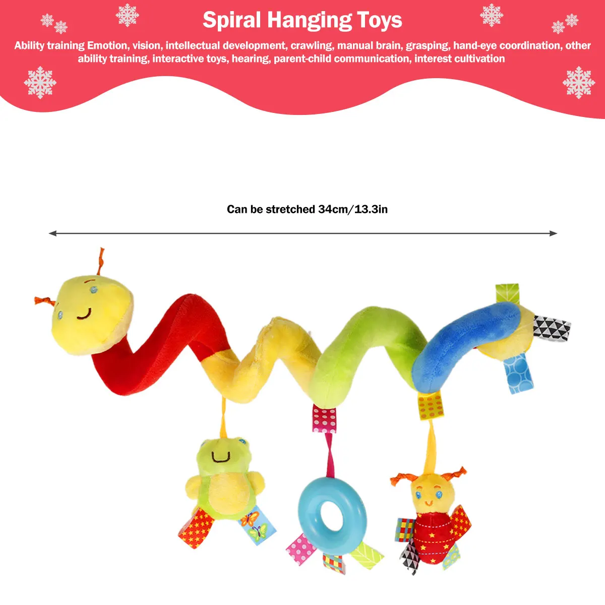 Spiral Pram Toys for Babies - Wrap Around Pushchair Stroller Sensory Toys for 0 3 6 9 12 Month Plush Activity Rattle Hanging Toy