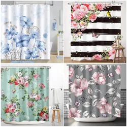 Floral Shower Curtains Blue Pink Watercolour Flowers Plants Butterfly Modern Simple Polyester Fabric Bathroom Decor With Hooks