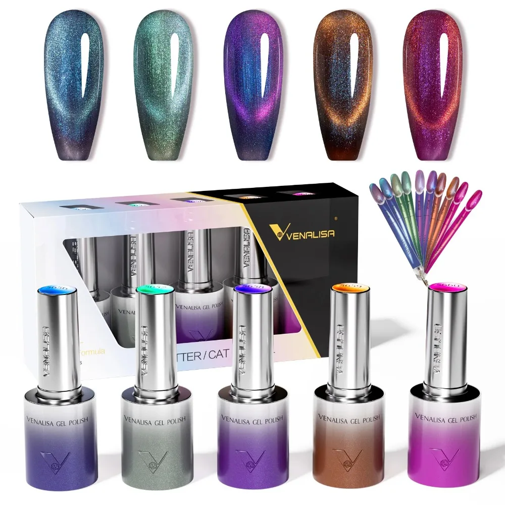 5pcs TPO Free Cat Eye Nail Gel Polish Color Palette Kit Ultra Glitter Diamond Sparkle Soak Off UV LED Varnish Set