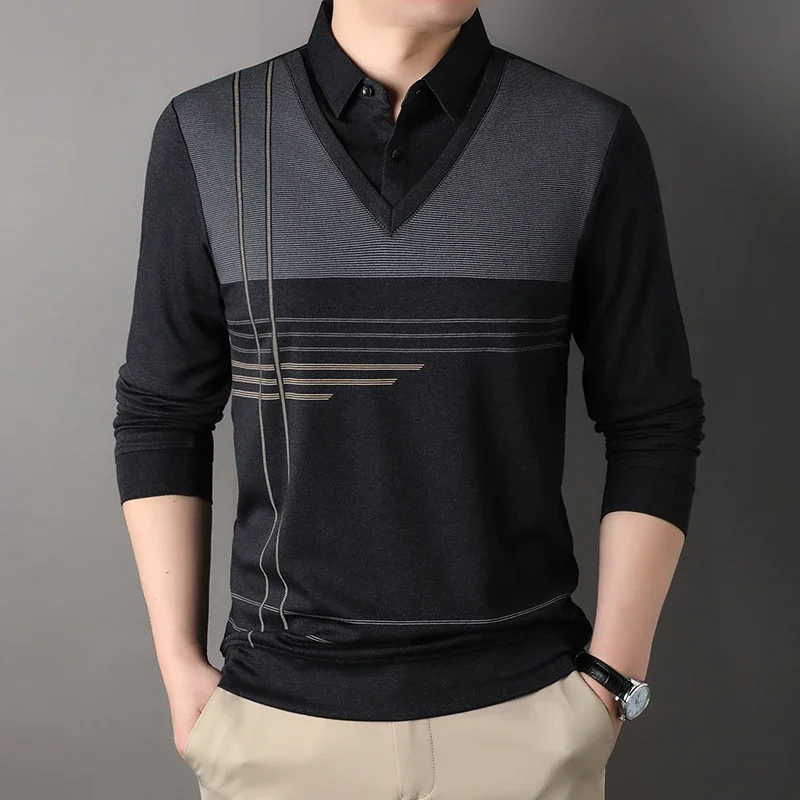 Fake Two Piece Men T Shirts  Spring and Autumn Striped Print Long Sleeve Tee Tops Men Business Casual Men Clothing
