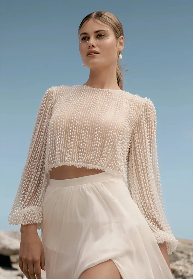 2026 New Pearl Beaded Long Sleeves Two Pieces Wedding Dresses High Slit Satin Mermaid Skirt Bridal Gowns Set Boho Beach Style
