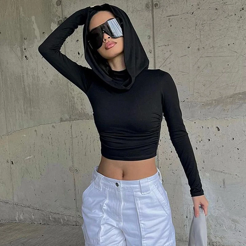 Fashion Hooded Women Crop Tops 2025 Elegant Long Sleeve T-shirt Spring Y2k Slim Fit Blouse New Streetwear Solid Color Short Top