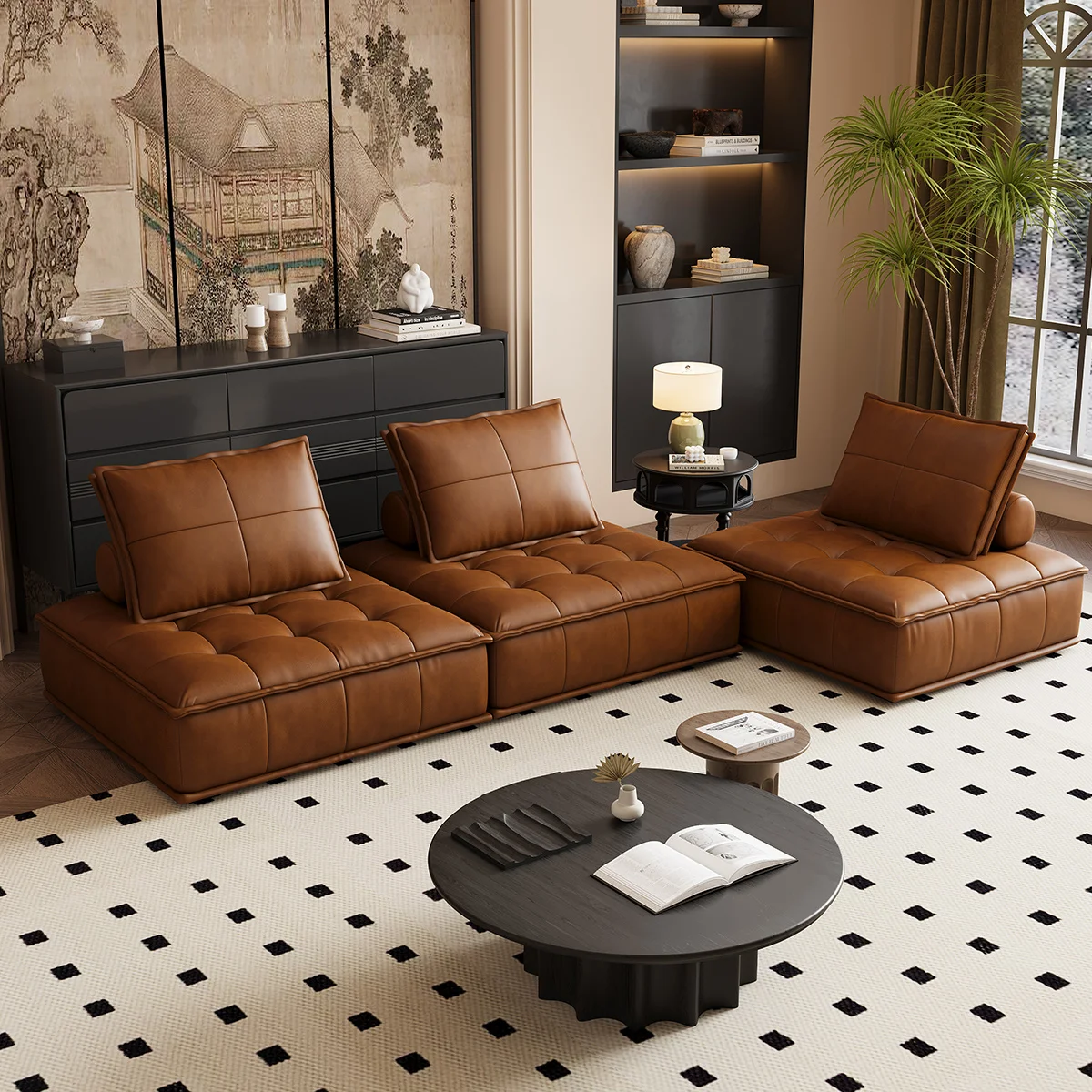 #Italian Minimalist Modular Square Sofa With Oiled Leather Upholstery Revolving Reclining Features Hotel Use Living Room Sofa Se