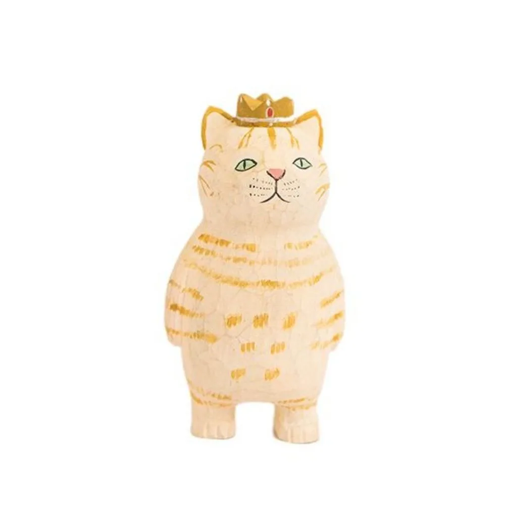 Cute Wood Carving Cat Ornament Simple Style Solid Wood Painted Cartoon Cat Sculpture Handmade Small