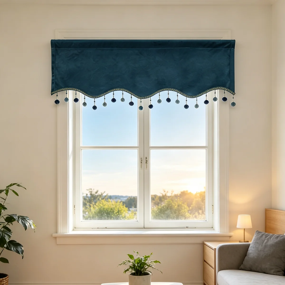 Teal Velvet Scalloped Rod Pocket Valance with Mixed Pom Pom Tassels, Vintage Farmhouse Window Header for Bedroom Kitchen Decor