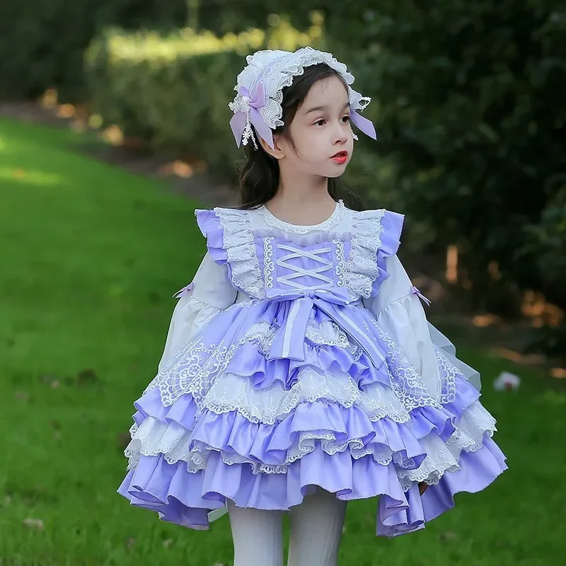 2025 Princess Lolita Dress for Girls Birthday Party Children Purple Clothing Layered Ball Gown Headband Sets Kids Baby Clothes