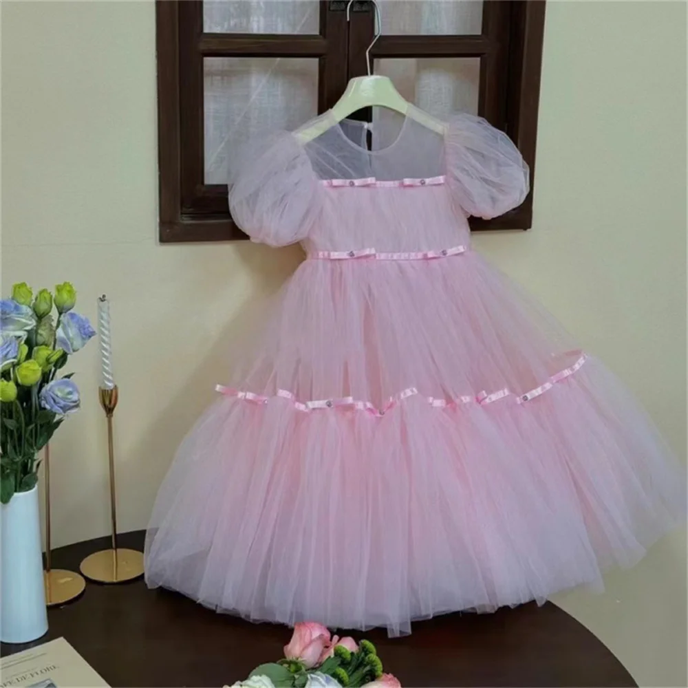 Baby Kid Princess Tulle Bow Short Sleeve Flower Girl Dress Children First Communion Dress Ball Gown Wedding Party Dress Birthday